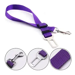 Adjustable purple nylon pet car seat belt with durable metal swivel hook and safety buckle