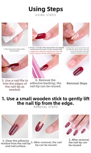 Step-by-step instruction guide for applying and removing press-on nails with tool kit