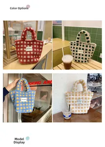 Collage of checkered sherpa tote bags in red, green, and blue colors for autumn styling