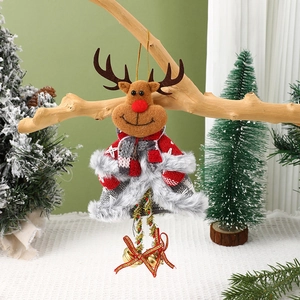 Detail of reindeer Christmas ornament with plush fabric, plaid scarf and small golden bell