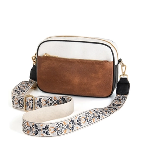 Retro color-block crossbody camera bag with jacquard strap and gold-tone zippers