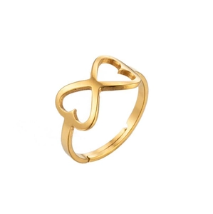 Minimalist gold adjustable stainless steel ring with infinity and double heart design