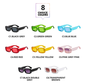 Matrix display showing eight candy color rectangular sunglasses with textured temples