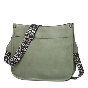 Women PU Leather Crossbody Bag Lychee Texture Leopard Print Wide Strap Large Capacity Shoulder Bag Fashion Satchel