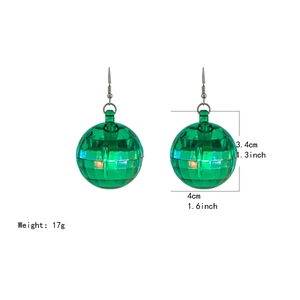 Detail showing green disco ball earrings with exact product dimensions and metal hooks