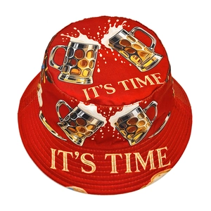 Red canvas bucket hat with beer mugs print and "IT'S TIME" slogan for outdoor sun protection