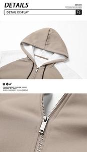 Detailansicht der Khaki-Kordelzugkapuze und des Metallreißverschlusses am Hoodie
