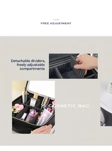 Detail of adjustable dividers inside black cosmetic bag for customized storage space