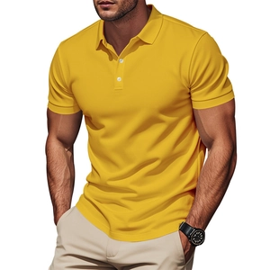 Detail of ginger yellow polo shirt showing premium piqué fabric texture and two-button placket