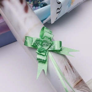 Close-up of green pull bow ribbon with rose pattern for Christmas gift decoration
