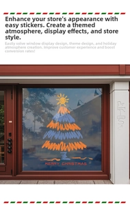 Détail d'un autocollant de sapin de Noël artistique sur une vitrine avec texte Joyeux Noël