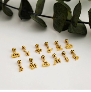 Flat lay of 12 golden zodiac charms on white background with green eucalyptus leaves