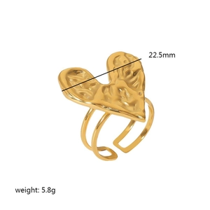 Vintage gold hammered lava heart ring with 22.5mm heart width and adjustable open band