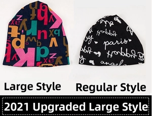 Detail comparing the large and standard sizes of these knit neck warmer hats