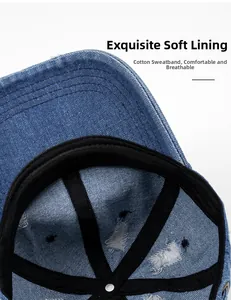 Detail of blue denim baseball cap interior featuring a cotton sweatband and distressed lining