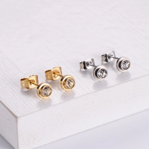 Minimalist titanium steel Roman numeral stud earrings with sparkling cubic zirconia stones