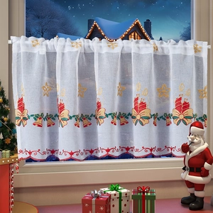 Christmas theme sheer cafe curtain with red bell embroidery and wavy scalloped edges