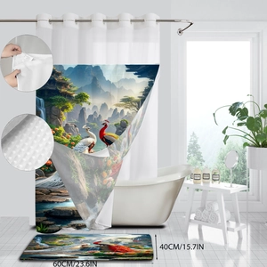 Detail view of animal print shower curtain and a 60x40cm bath mat with peacock scenery