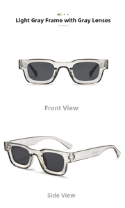 Detail view of light grey transparent rectangular sunglasses with dark grey lenses