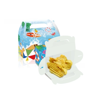 Detail of Hello Summer beach chair gift box with handle and surfboard graphics