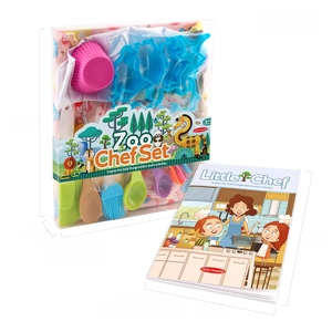 Detailed view of kids baking set with silicone molds, cookie cutters, and recipe card