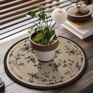 French style khaki absorbent leather round table mat with black floral vine patterns