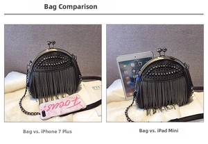Close-up of black rivet bag size comparison with smartphone and tablet devices