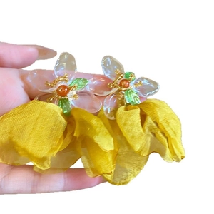 Exaggerated yellow floral tassel stud earrings with bohemian silk flower design for women