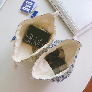 Floral cotton drawstring bags for cosmetics storage, set of yellow and blue patterns