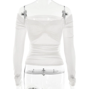 Detail of white mesh off-shoulder top showing pleated texture and sheer long sleeves