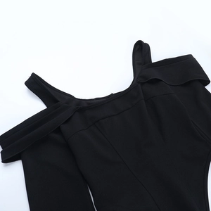 Detail shot of the off-shoulder neckline and ribbed knit fabric on a black bodysuit