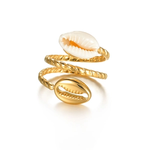 Classic 18k gold stainless steel open ring with natural shell and metallic seashell accents
