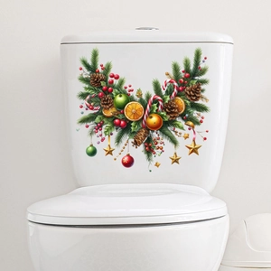 Self-adhesive Christmas toilet lid sticker with pine branches berries and ornaments