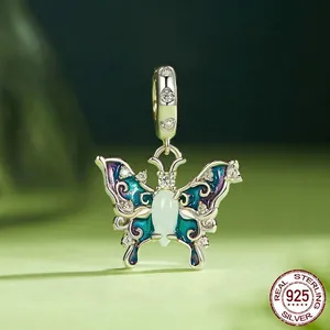 925 silver butterfly charm with blue enamel wings and sparkling crystals for DIY bracelets