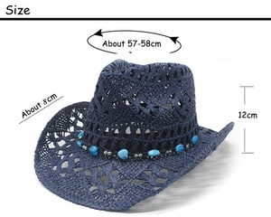 Detailed size chart for blue straw cowboy hat with 8cm brim and beaded heart trim