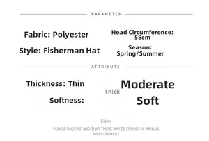 Specifications for satin bucket hat showing 58cm size, polyester material, and spring use