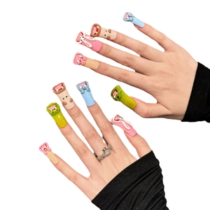 Set de uñas postizas 3D hechas a mano con coloridos diseños de ranas y patos en relieve