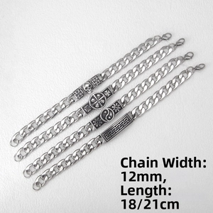 Detail view of 12mm stainless steel skull and cross link bracelets in various lengths
