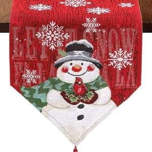 Christmas Table Runner Red Jacquard Snowman Snowflake Pattern Cotton Polyester Fabric For Holiday Dining Home Decoration