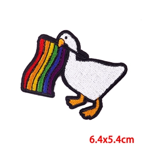 Cartoon white goose vomiting rainbow embroidery patch for clothing DIY, 6.4x5.4cm size