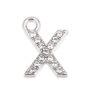 Detailed view of silver letter X pendant with sparkling rhinestones for DIY jewelry