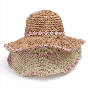 Women Straw Bucket Hat Paper Woven Big Brim Flower Embroidery Foldable Summer Beach Sun Protection Pastoral Style