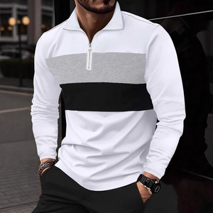 Polo Homme Manches Longues Tricot Gauffré Quart De Zip Bloc De Couleur Rétro Mode Haut Sweat Casual