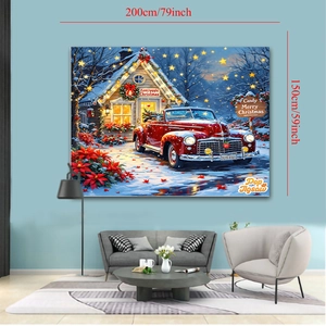 Tapisserie de Noël 200x150cm avec voiture rouge vintage et cabane sous la neige