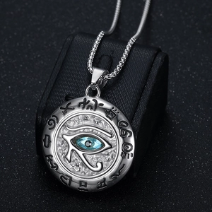 Vintage Egyptian Eye of Horus necklace in silver-tone steel with blue enamel