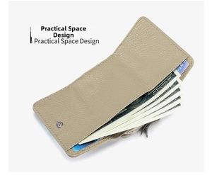 Internal layout of beige pebble leather tri-fold wallet showing card slots and cash pocket