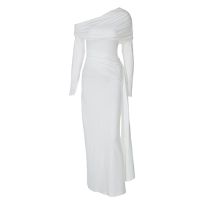 Detail of white one-shoulder dress with elegant pleats and draped waist design