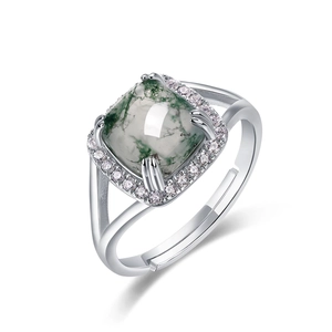 S925 silver moss agate ring with square sugarloaf stone and halo crystal stones