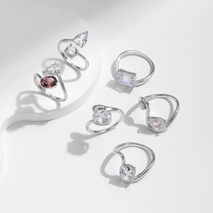 S925 sterling silver geometric water drop rings with pink and clear zircon crystals