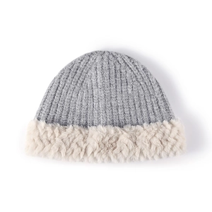 Winter grey ribbed knit fisherman hat with thick cream faux fur brim for women